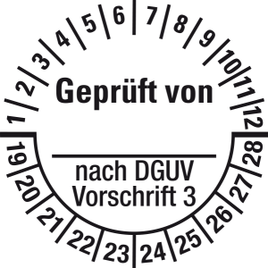 Mehrjahresprüfplakette 2019 - 2028 | DGUV - Geprüft von | DP119 | Folie selbstklebend | M10 | weiß & schwarz | 10 mm | 50 Stück