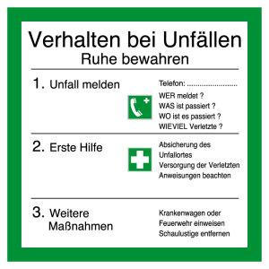 Aushang am Arbeitsplatz - Verhalten bei Unfällen - Folie selbstklebend - 20 x 20 cm