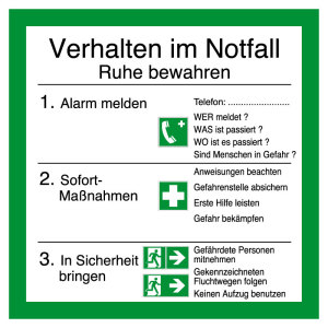 Aushang am Arbeitsplatz - Verhalten im Notfall - Folie selbstklebend - 20 x 20 cm