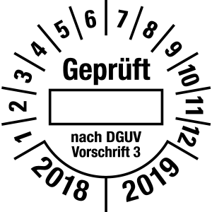 Mehrjahresprüfplakette 2018 - 2019 | Geprüft nach DGUV | Wunschfarbe - Folie selbstklebend, weiß & schwarz - Ø 10 mm  - 50 Stück